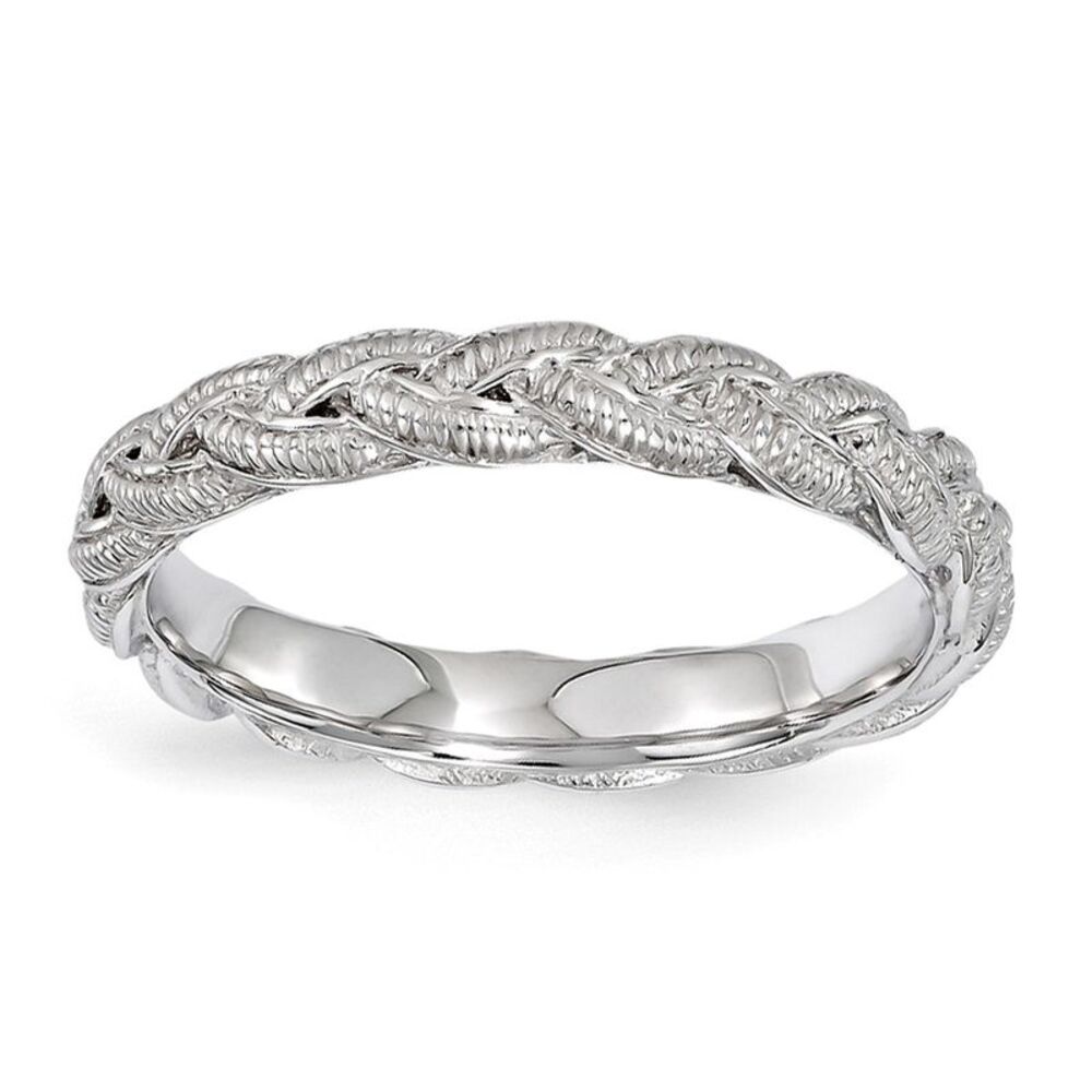 3.5mm Rhodium Plated Sterling Silver Stackable Textured Twist Band Sz8